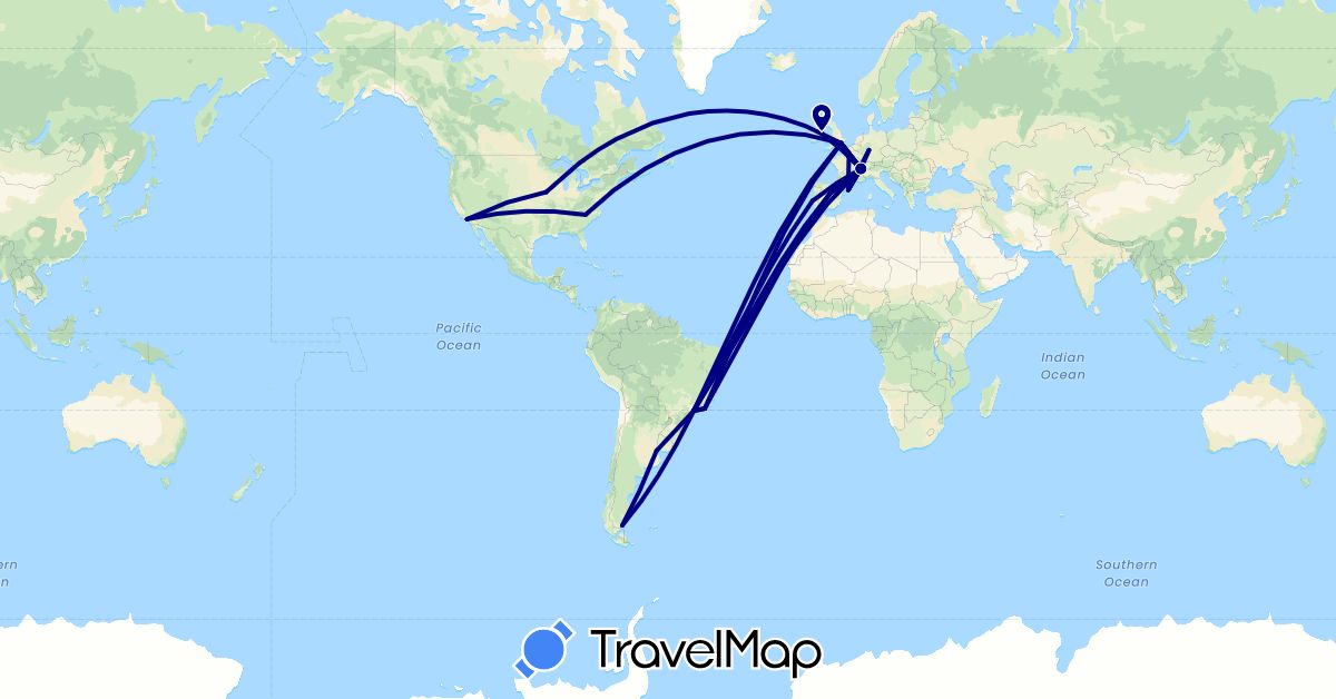 TravelMap itinerary: driving in Argentina, Brazil, Switzerland, Germany, Spain, France, United Kingdom, Ireland, Portugal, United States (Europe, North America, South America)
